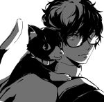  10s 1boy black_hair cat glasses kurusu_akira looking_at_viewer male_focus monochrome morgana_(persona_5) persona persona_5 school_uniform short_hair smile 