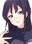  1girl black_hair blue_eyes enelis hair_intakes idolmaster idolmaster_million_live! long_hair looking_at_viewer mogami_shizuka open_mouth simple_background solo upper_body white_background 