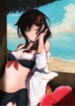  10s ahoge beach black_hair blue_eyes braid brown_hair flower hair_ornament hair_ribbon hand_on_own_face highres kantai_collection l!bra leaning_on_object long_hair looking_at_viewer ocean one_eye_closed open_mouth ribbon shigure_(kantai_collection) smile solo swimsuit 