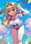  10s ahoge bangs blonde_hair blush braid breasts confetti eyebrows_visible_through_hair fate/extra fate/grand_order fate_(series) french_braid green_eyes gym_shirt hair_bun hair_intakes hand_up hanging_breasts headband heart hips large_breasts leaning_forward looking_at_viewer medal moze name_tag open_mouth outdoors red_bloomers red_headband saber_extra shirt smile sparkle thighs v 
