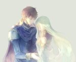  1boy 1girl armor bare_shoulders blue_eyes blue_hair cape closed_eyes dress eliwood_(fire_emblem) fire_emblem fire_emblem:_rekka_no_ken gloves hair_ornament headband kuzumosu long_hair mamkute ninian redhead short_hair tears 