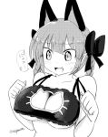  1girl animal_ears blush bow braid breasts cat_cutout cat_ears cat_lingerie cleavage cleavage_cutout erect_nipples eyebrows_visible_through_hair greyscale hair_bow kaenbyou_rin large_breasts lingerie meme_attire monochrome signature sweatdrop taurine_8000mg touhou translated twitter_username under_boob underwear 