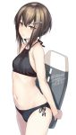  10s 1girl artist_name bikini black_bikini breasts brown_eyes brown_hair closed_mouth cowboy_shot dated ears_visible_through_hair from_side hair_between_eyes hair_ornament hairclip halterneck kantai_collection kickboard looking_at_viewer navel rokuwata_tomoe short_hair simple_background small_breasts solo swimsuit taihou_(kantai_collection) twitter_username white_background 