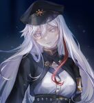  1girl 86_-eightysix- armband b.s_(fwpt2745) black_headwear black_jacket copyright_name dress_shirt grey_eyes hair_between_eyes hat highres jacket long_hair looking_at_viewer military_hat multicolored_hair na parted_lips redhead shirt silver_hair solo streaked_hair underbust upper_body very_long_hair vladilena_millize white_shirt 