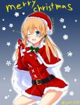  10s 1girl ;d absurdres blonde_hair blue_eyes christmas gloves hair_ribbon hat highres kantai_collection long_hair one_eye_closed open_mouth prinz_eugen_(kantai_collection) red_gloves ribbon santa_costume santa_hat smile solo syun3783 twintails twitter_username 