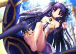  1girl asymmetrical_legwear barefoot black_hair black_legwear black_ribbon breasts choker cleavage detached_sleeves dress earrings fate/grand_order fate_(series) feet from_below hair_ribbon ishtar_(fate/grand_order) jewelry lens_flare long_hair looking_at_viewer red_eyes ribbon sideboob single_thighhigh sleeveless sleeveless_dress small_breasts smile soles solo sparkle strapless strapless_dress sunlight thigh-highs toes tohsaka_rin toshi_(1-147) very_long_hair 
