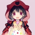  1girl bangs black_hair blush bow cloak crystal_ball eyebrows_visible_through_hair fake_horns hands_up heart hood hooded_cloak kurasuke long_hair looking_at_viewer low_twintails open_mouth original pink_background red_cloak simple_background sketch skull solo star twintails violet_eyes yellow_bow 