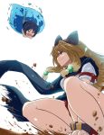  2girls action animal_ears arcana_heart arcana_heart_2 arm_support black_scarf blue_hair blurry blurry_foreground bracelet brown_eyes brown_hair cat_ears daidouji_kira depth_of_field fang flyig from_below hair_bobbles hair_ornament inuwaka_akane jewelry kitayama_miuki long_hair looking_at_another miniskirt motion_blur multiple_girls open_mouth pleated_skirt red_skirt scarf shirt short_hair short_sleeves sidelocks skirt smile smirk squatting violet_eyes white_background white_shirt 