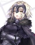 1girl bangs black_armor black_dress blush breast_hold breasts cape chains collar commentary_request crossed_arms dress fate/grand_order fate_(series) fur_collar gauntlets headpiece jeanne_alter large_breasts looking_at_viewer metal_collar open_mouth plackart riichu ruler_(fate/apocrypha) short_hair silver_hair solo twitter_username vambraces yellow_eyes 