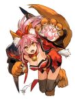  1girl animal_ears bell bell_collar breasts cleavage collar dated fate/grand_order fate_(series) fox_ears fox_tail hair_ribbon large_breasts long_hair looking_at_viewer open_mouth paws pink_hair ribbon simple_background solo tail tamamo_(fate)_(all) tamamo_cat_(fate/grand_order) toujou_bun white_background yellow_eyes 