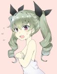  1girl anchovy bangs black_ribbon commentary_request covering covering_breasts drill_hair eyebrows_visible_through_hair flying_sweatdrops from_side frown gedou_(ge_ge_gedou) girls_und_panzer green_hair hair_ribbon long_hair looking_at_viewer naked_towel open_mouth pink_background red_eyes ribbon solo standing sweatdrop tearing_up towel twin_drills twintails upper_body white_towel 