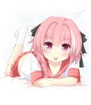  1boy :p absurdres agung_syaeful_anwar bangs bed_sheet blush braid eyebrows_visible_through_hair fate/apocrypha fate_(series) hair_over_shoulder highres long_hair looking_at_viewer lying male_focus no_shoes on_bed on_stomach pink_eyes pink_hair pink_skirt pleated_skirt rider_of_black shirt short_sleeves signature simple_background skirt smile socks solo tongue tongue_out white_background white_shirt younger 