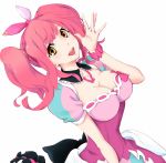  1girl bangs black_bow bow breasts cleavage deep-sea-cat detached_collar dress eyebrows_visible_through_hair hairband large_breasts long_hair looking_at_viewer macross macross_delta makina_nakajima orange_eyes pink_bow pink_hair pink_hairband puffy_short_sleeves puffy_sleeves short_sleeves smile solo twintails white_background 