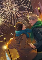  2boys amg_(nwmnmllf) artist_name black_hair blue-framed_eyewear blue_eyes closed_eyes coat fireworks glasses hand_holding jewelry katsuki_yuuri male_focus multiple_boys open_mouth ring scarf silver_hair smile viktor_nikiforov yuri!!!_on_ice 