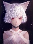  1girl animal_ears bangs blue_background cat_ears closed_mouth commentary_request dress ears looking_at_viewer original red_eyes sakimori_(hououbds) short_hair solo wavy_hair white_dress 