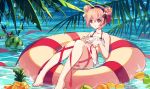  1girl azur_lane baisi_shaonian bare_shoulders barefoot bikini breasts double_bun food frilled_bikini frills fruit hair_ribbon highres lemon palm_leaf partially_submerged pineapple pink_hair purple_ribbon ribbon saratoga_(azur_lane) small_breasts solo swimsuit violet_eyes watermelon 