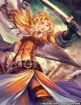  1girl armor bangs belt blonde_hair briggid_(fire_emblem) company_connection copyright_name dress eyvel fire_emblem fire_emblem:_thracia_776 fire_emblem_cipher flag gloves holding holding_sword holding_weapon looking_away nij_24 official_art open_mouth shiny side_slit solo sword thigh_strap weapon yellow_eyes 