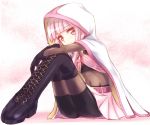  1girl black_gloves boots cloak closed_mouth eyebrows_visible_through_hair gloves highres hood hood_up hooded_cloak looking_at_viewer magia_record:_mahou_shoujo_madoka_magica_gaiden magical_girl mahou_shoujo_madoka_magica navel pink_eyes pink_hair skirt smile solo tamaki_iroha white_background 
