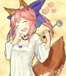  10s 1girl animal_ears blue_bow blush bow breasts choker cleavage closed_eyes fate/extra fate_(series) fox_ears fox_tail hair_bow hakuya_kung hand_in_hair heart highres holding medium_breasts open_mouth shirt signature solo standing tail tamamo_(fate)_(all) tamamo_no_mae_(fate) upper_body white_shirt yellow_background 