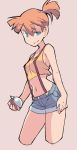  1girl blue_eyes breasts crop_top cropped_legs half-closed_eyes kasumi_(pokemon) looking_at_viewer midriff navel orange_hair poke_ball pokemon pokemon_(anime) shimazaki1152 shirt short_ponytail shorts sideboob sleeveless sleeveless_shirt smile solo suspenders 