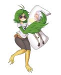  1girl amelia bird_wings body_pillow breasts buttingston chelshia chimera female goggles green_hair harpy highres hips hug khimera_destroy_all_monster_girls looking_at_viewer medium_breasts monster monster_girl object_hug short_hair short_sleeves solo thick_thighs thighs wings 