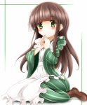  1girl ama_usa_an_uniform apron bangs blunt_bangs boots brown_footwear brown_hair closed_mouth commentary_request eyebrows_visible_through_hair fingers_together flat_chest flower frilled_apron frills full_body gochuumon_wa_usagi_desu_ka? green_eyes green_kimono hair_flower hair_ornament japanese_clothes kimono long_hair long_sleeves looking_at_viewer maid_apron polka_dot_trim ribbon sitting smile solo striped striped_kimono taka_(takalight) ujimatsu_chiya wariza white_apron white_background white_flower white_ribbon wide_sleeves 