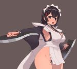  1girl armpits bangs black_hair blush breasts brown_background butterfly_swords cleavage commentary cowboy_shot dual_wielding eyebrows_visible_through_hair hair_ornament hairclip holding holding_sword holding_weapon iroha_(samurai_spirits) large_breasts legs long_sleeves looking_at_viewer maid maid_headdress open_mouth outstretched_arms revealing_clothes samurai_spirits sash short_hair sideboob simple_background solo spread_arms sumiyao_(amam) sword thighs vest violet_eyes weapon white_choker white_vest wide_sleeves 