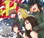  &gt;:d 5girls :d alina_(girls_und_panzer) bangs black_footwear black_hair black_vest blonde_hair blue_eyes blurry blurry_background boots brown_gloves brown_hair brown_hat clara_(girls_und_panzer) closed_mouth commentary covering_mouth depth_of_field emblem eyebrows_visible_through_hair fang flag girls_und_panzer gloves green_jacket green_jumpsuit hat helmet jacket katyusha kitayama_miuki kv-w long_hair long_sleeves looking_at_another looking_to_the_side military military_uniform multiple_girls nina_(girls_und_panzer) nonna open_mouth pravda_(emblem) pravda_military_uniform red_shirt shirt short_hair short_jumpsuit short_twintails smile snow standing sweatdrop swept_bangs turtleneck twintails uniform ushanks vest w_arms wavy_mouth 