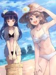  2girls bag beach bikini black_bikini blue_eyes blue_hair blue_sky breasts brown_hair clouds cowboy_shot dutch_angle hair_bun hat highres jacket long_hair looking_at_viewer love_live! love_live!_sunshine!! medium_breasts moai multiple_girls outdoors red_eyes short_hair side_bun sky sonchi sun_hat swimsuit tsushima_yoshiko watanabe_you white_bikini white_jacket 