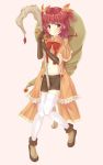  1girl akino_kaede blush brown_gloves brown_shorts capelet closed_mouth elbow_gloves eyebrows_visible_through_hair gloves hat highres looking_at_viewer magia_record:_mahou_shoujo_madoka_magica_gaiden magical_girl mahou_shoujo_madoka_magica navel orange_eyes redhead shorts smile solo staff thigh-highs weapon white_background white_legwear witch_hat 
