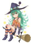  1girl broom broom_riding capelet date_a_live green_eyes green_hair hat kneehighs long_hair looking_at_viewer natsumi_(date_a_live) over-kneehighs shoulder_strap thigh-highs wavy_hair witch_hat 
