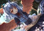  1girl bird_wings black_bow blue_hair book bow brown_eyes forest head_wings horns long_sleeves looking_at_viewer multicolored_hair namatyaba nature red_bow short_hair single_head_wing solo tokiko_(touhou) touhou tree two-tone_hair white_hair wings 