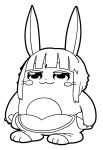  1girl :3 animal_ears bangs bkub blunt_bangs chibi commentary furry greyscale made_in_abyss monochrome nanachi_(made_in_abyss) pants paws short_hair sidelocks simple_background solo topless whiskers white_background 