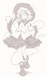  1girl boots commentary_request frilled_skirt frilled_sleeves frills full_body greyscale hand_on_headwear hat heart komeiji_koishi long_sleeves monochrome open_mouth satou_kibi shirt sketch skirt solo standing third_eye touhou white_background wide_sleeves 