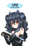  1girl bare_shoulders black_hair blush hair_ornament hair_ribbon handheld_game_console highres long_hair looking_at_viewer neptune_(series) playing_games playstation_vita purerin red_eyes ribbon smile solo two_side_up uni_(choujigen_game_neptune) video_game 