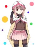  1girl black_gloves blush cloak closed_mouth eyebrows_visible_through_hair gloves hood hood_up hooded_cloak looking_at_viewer magia_record:_mahou_shoujo_madoka_magica_gaiden magical_girl mahou_shoujo_madoka_magica navel pink_eyes pink_hair skirt smile solo tamaki_iroha white_background 