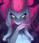  1girl artist_name breasts bright_pupils evelynn face facial_mark fang fingernails highres large_breasts league_of_legends mimi-loves-foxes multicolored_hair pink_hair sharp_fingernails smile solo two_side_up upper_body white_hair white_skin 