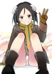  1girl :d arm_support azumada bandaid_on_cheek bare_legs black_eyes black_footwear black_hair blush boots brave_witches brown_gloves brown_jacket commentary_request copyright_request gloves grey_shirt grin hand_up headgear highres jacket long_sleeves looking_at_viewer open_mouth panties pantyshot pantyshot_(sitting) scarf shirt short_hair sitting smile solo strike_witches underwear w white_panties world_witches_series 