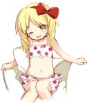  1girl ;d bangs bare_arms bare_shoulders bikini blonde_hair bow collarbone eyebrows_visible_through_hair green_eyes hair_bow hairband head_tilt knees_together_feet_apart kurasuke long_hair looking_at_viewer navel one_eye_closed open_mouth original polka_dot polka_dot_bikini red_bow red_hairband sitting sketch smile solo swimsuit white_bikini 