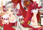  1girl alternate_costume amatsukaze_(kantai_collection) animal bare_legs bare_shoulders black_nails blush breasts cleavage commentary_request dog dress eyebrows eyebrows_visible_through_hair feet_up flower hair_flower hair_ornament hair_ribbon hair_tubes heart high_heels japanese_clothes kantai_collection kimono legs_up long_hair lying nail_polish nezumidoshi open_mouth oriental_umbrella red_kimono ribbon silver_hair smile socks solo strapless strapless_dress tsumami_kanzashi twintails two_side_up umbrella windsock yellow_eyes 