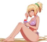  1girl ass bare_legs bare_shoulders barefoot bikini blonde_hair blush breasts brown_eyes cleavage commentary eating food from_side full_body hand_up holding holding_spoon ice_cream large_breasts looking_at_viewer looking_to_the_side medium_hair no_nose ponytail purple_bikini scrunchie side-tie_bikini simple_background sitting solo sumiyao_(amam) swimsuit white_background 