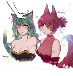  2girls :3 animal_ears bangs bare_shoulders black_dress blush breasts bright_pupils cleavage closed_mouth cropped_arms cropped_torso dress electricity eyebrows_visible_through_hair eyes_visible_through_hair facial_mark green_hair hand_on_another&#039;s_head highres long_hair looking_at_another looking_at_viewer matilda_vin medium_breasts multiple_girls orange_eyes original patreon_logo patreon_username petting pink_dress pink_hair see-through short_hair signature simple_background smile striped_tail tail white_background yellow_eyes 