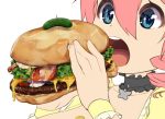  1girl blue_eyes breasts choker cleavage close-up commentary_request drill_hair eating food hair_between_eyes hamburger huge_breasts long_hair magister_(medical_whiskey) open_mouth original pink_hair sakuraba_himari solo sparkling_eyes twin_drills wrist_cuffs 