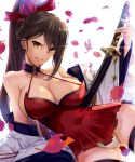  1girl arm_support azur_lane bangs bare_shoulders blurry blush breasts brown_hair cleavage collarbone covered_navel depth_of_field dress eyebrows_visible_through_hair falling_leaves gluteal_fold grin highres katana large_breasts leaf long_hair long_sleeves looking_at_viewer off_shoulder open_clothes panties parted_lips ponytail red_dress ribbon_trim satou_daiji sheath sheathed short_dress simple_background smile solo sword teeth thigh_strap underwear upskirt very_long_hair weapon white_background white_panties yellow_eyes zuikaku_(azur_lane) 