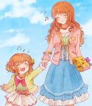  2girls :3 :d ^_^ arm_at_side bag belt blue_skirt blue_sky blush bow bracelet brown_hair candy_hair_ornament child closed_eyes clouds cloudy_sky day dual_persona eyebrows_visible_through_hair eyelashes facing_another food_themed_hair_ornament frilled_jacket frilled_skirt frills green_shirt gurumi_mami hair_ornament hand_holding handbag heart heart_necklace idolmaster idolmaster_cinderella_girls jacket jewelry lace lace-trimmed_shirt long_hair long_skirt miniskirt moroboshi_kirari multiple_girls music musical_note necklace open_mouth outdoors patch pink_bow pink_jacket pocket polka_dot polka_dot_bow polka_dot_shirt purple_bow red_bow shirt short_hair short_twintails singing skipping skirt sky smile star star_hair_ornament striped striped_shirt time_paradox twintails wavy_hair white_skirt yellow_jacket younger 