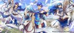  3girls armor belt blue_eyes blue_hair blue_sky boots breastplate cape circlet clouds commentary company_connection copyright_name day dress elbow_gloves feathers fire_emblem fire_emblem:_fuuin_no_tsurugi fire_emblem_cipher gloves highres holding holding_weapon horn horseback_riding jewelry looking_at_viewer multiple_girls outdoors pegasus pegasus_knight polearm riding shiny short_dress short_sleeves shoulder_pads sky smile tate thany thigh-highs thigh_boots wadadot_lv weapon white_boots white_dress wings yuno_(fire_emblem) 