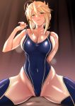  1girl absurdres ahoge artoria_pendragon_(all) artoria_pendragon_(lancer) bangs blonde_hair blue_legwear blue_swimsuit breasts competition_swimsuit covered_navel cowboy_shot crown fate/grand_order fate_(series) green_eyes hair_between_eyes highres large_breasts looking_at_viewer one-piece_swimsuit sidelocks sitting solo spread_legs swept_bangs swimsuit thigh-highs ulrich_(tagaragakuin) 