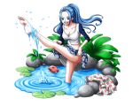  1girl :d barefoot black_eyes blue_hair breasts cleavage collarbone feet floating_hair long_hair medium_breasts midriff miniskirt navel nefertari_vivi one_piece open_mouth ponytail shirt skirt skirt_lift smile soles solo standing standing_on_one_leg stomach toes transparent_background very_long_hair wading water white_shirt 