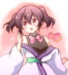 1girl :o banderasu bare_shoulders black_hair black_sweater blush bow bowtie clenched_hands commentary_request eyebrows_visible_through_hair flower hair_between_eyes hand_up head_tilt japanese_clothes kimono long_hair long_sleeves looking_away looking_to_the_side obi off_shoulder open_mouth pink_bow pink_bowtie red_eyes ribbed_sweater sash short_twintails solo sweater sweater_vest turtleneck turtleneck_sweater twintails upper_body urara_meirochou white_kimono wide_sleeves yukimi_koume 
