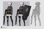  ammunition belt breasts earpiece fingerless_gloves girls_frontline gloves gun image_sample italian_flag knee_pads large_breasts shield shorts shotgun shotgun_shells spas-12 spas-12_(girls_frontline) terras thigh-highs twitter_sample weapon white_hair zettai_ryouiki 